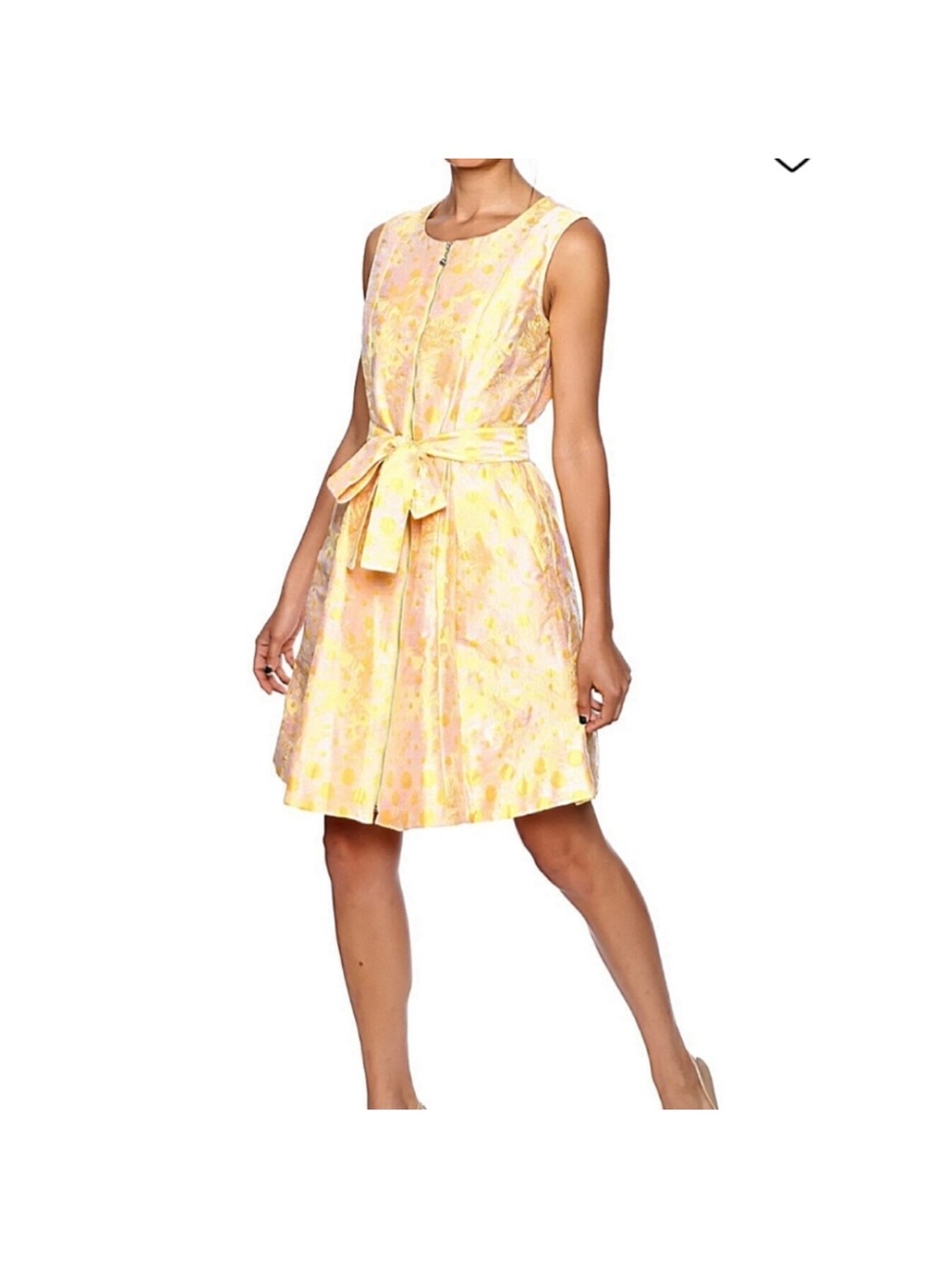 SAMUEL DONG Jacquard dress yellowBROCADE ZIP FRONT XS with pockets wedding